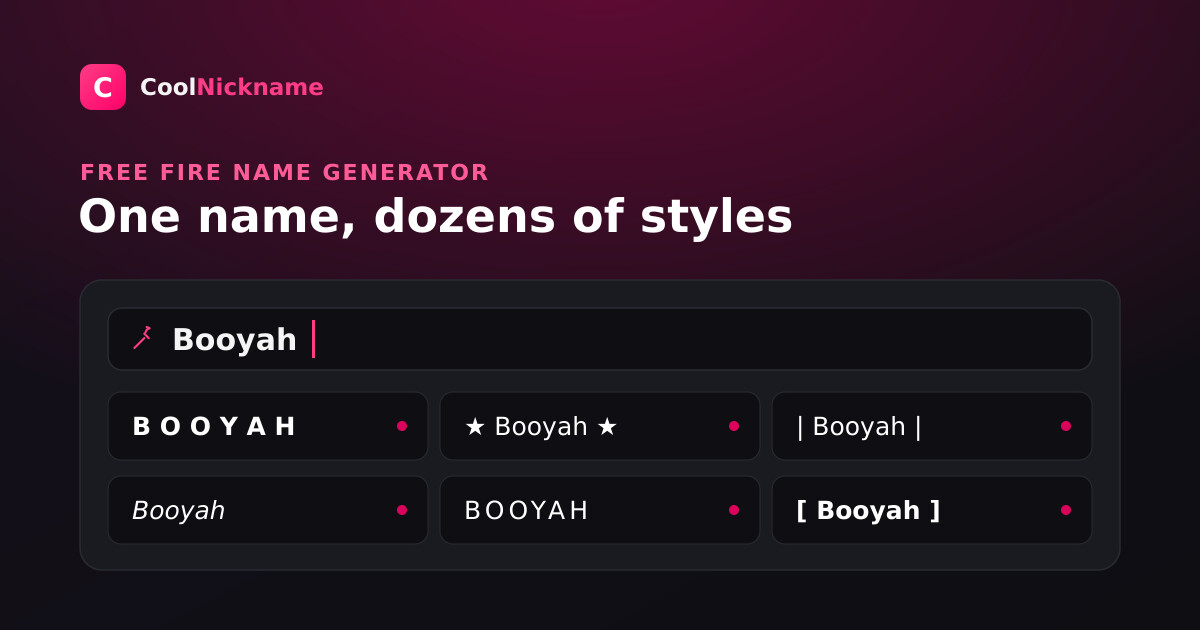 CoolNickname Free Fire name generator turning the name Booyah into dozens of stylish versions