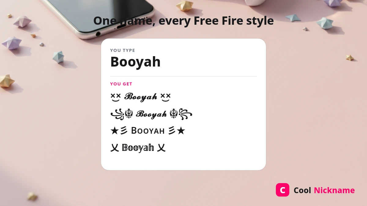 Free Fire stylish name — Booyah wrapped in ꧁༒☬ symbols and the ×͜× face
