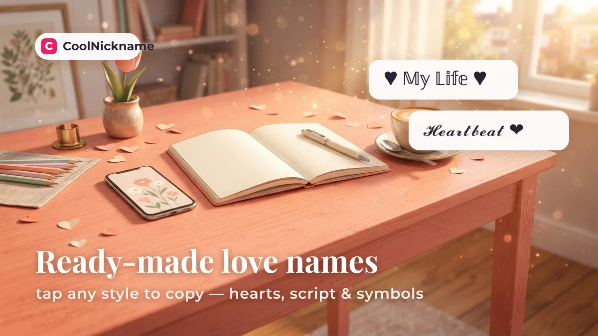 Love stylish names and fancy text with heart symbols to copy and paste on CoolNickname