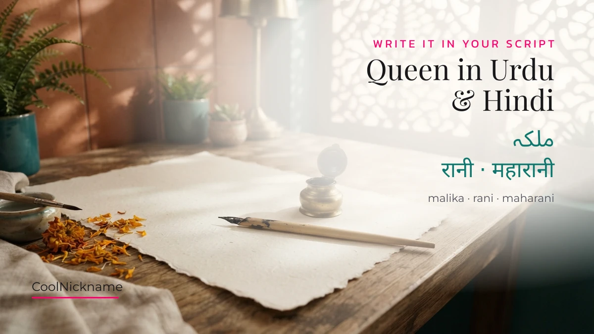 Queen stylish name in Urdu malika and Hindi rani on a calligraphy desk