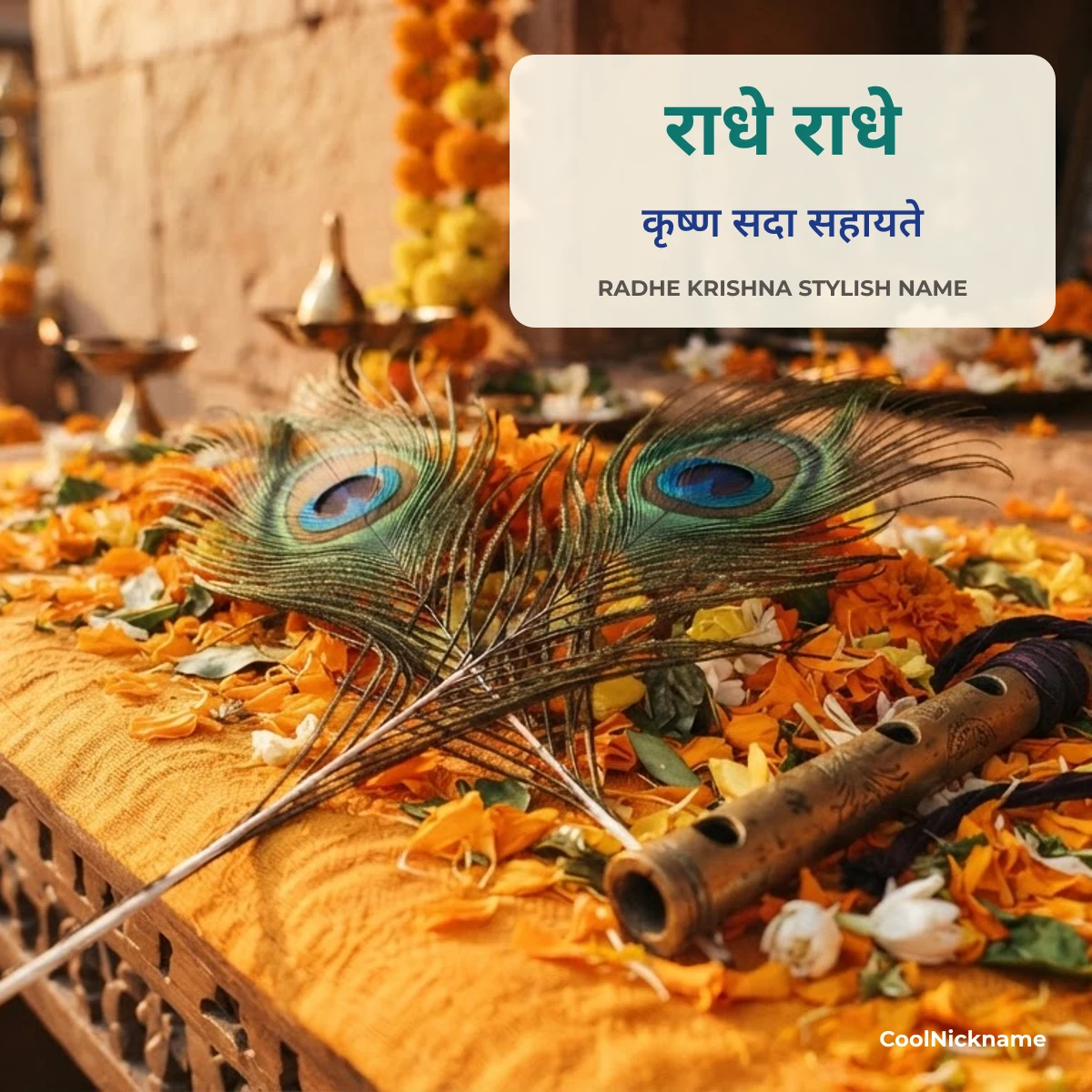 Radhe Radhe and Krishna stylish name in Hindi font with flute and peacock feather on CoolNickname